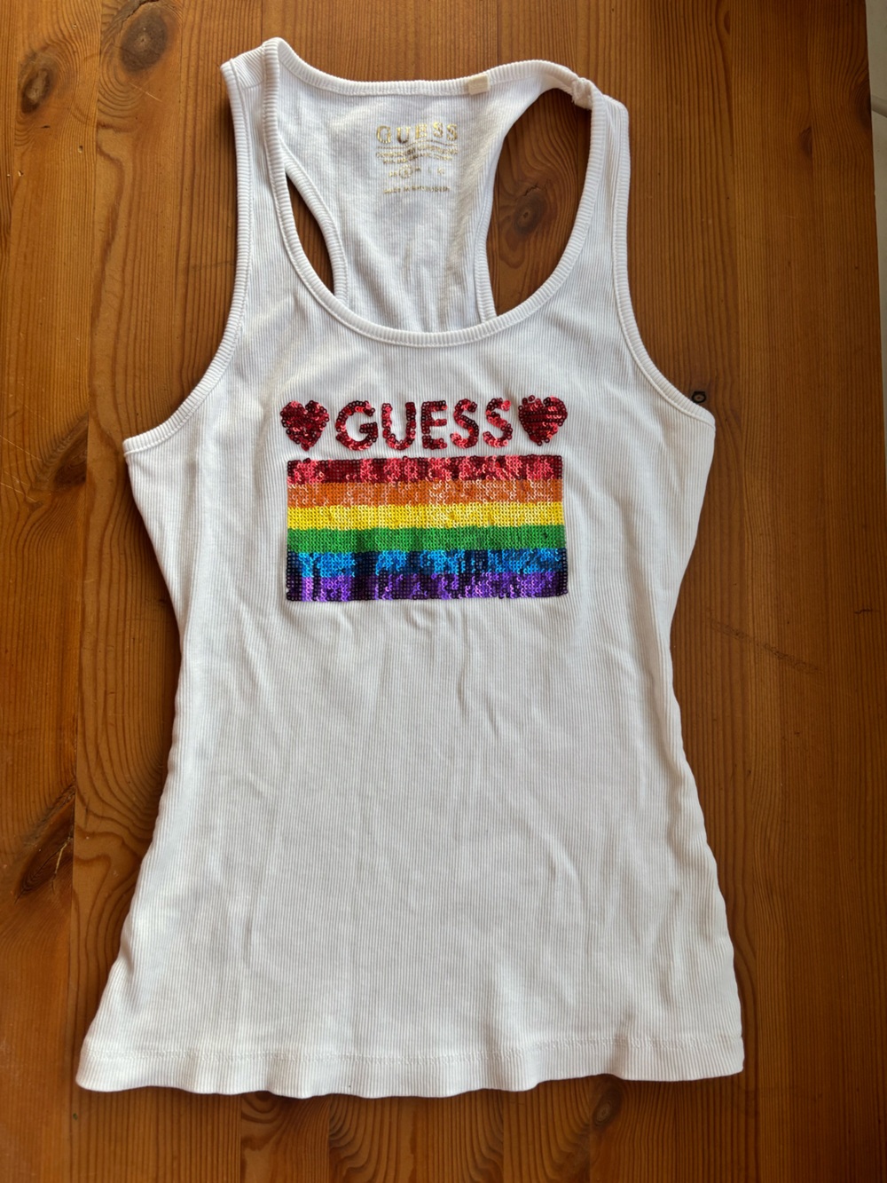 GUESS White Ribbed Tank with Sequin Pride Rainbow and Hearts 🌈